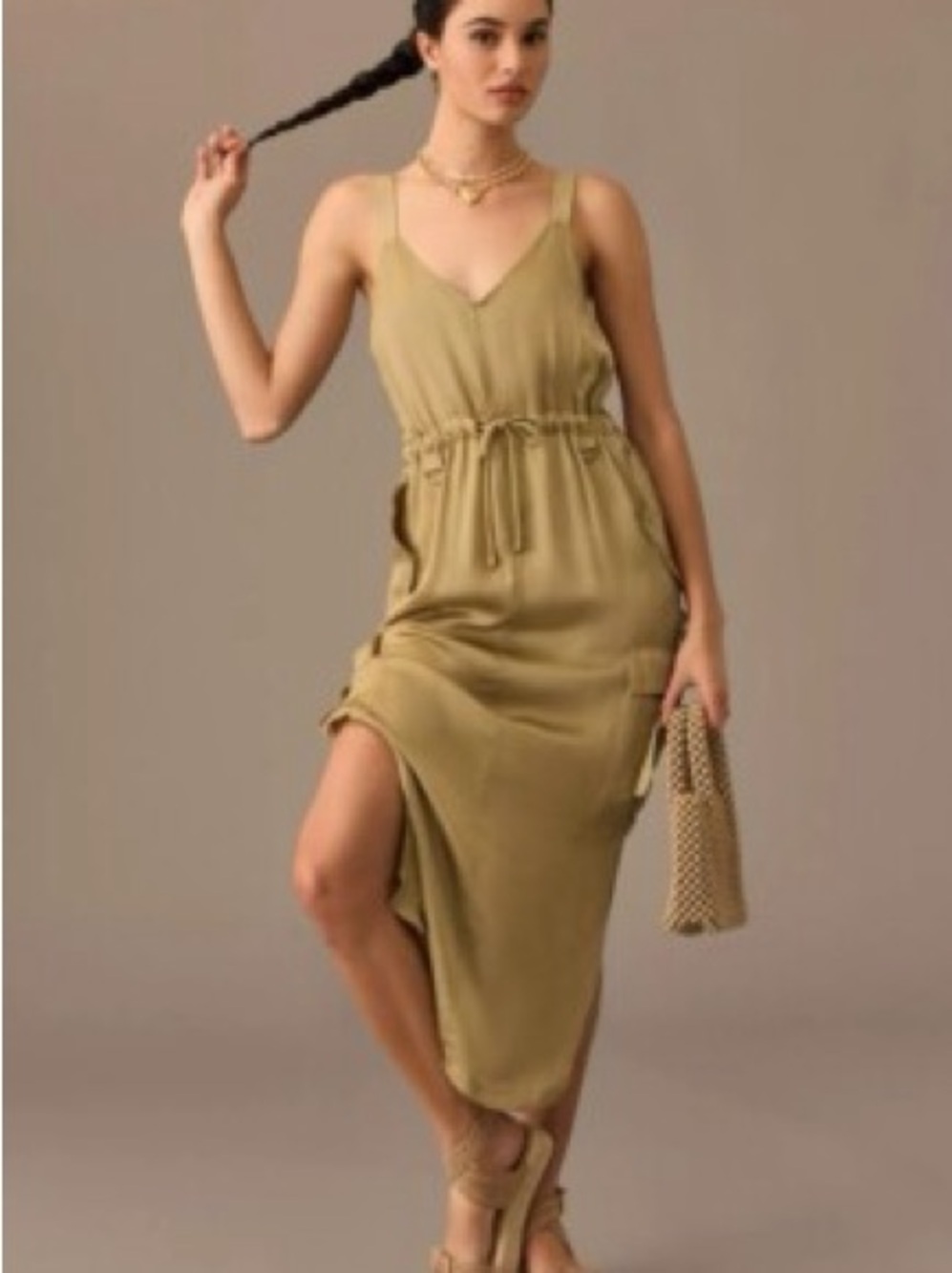 Anthropologie Love The Label - Olive Green Utility Satin Midi Dress
